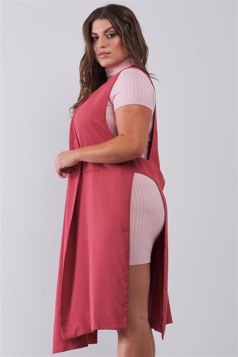 Plus Size Open Front And Side Sleeveless Long Vest Top - Kreative Passions
