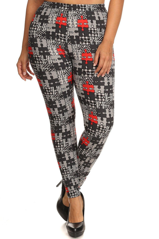 Plus Size Puzzle/plaid Print, Full Length Leggings In A Slim Fitting Style With A Banded High Waist - Kreative Passions