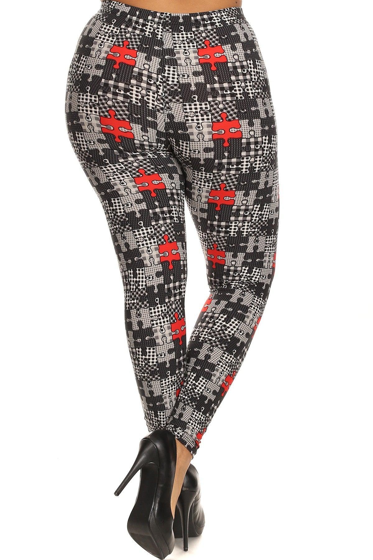 Plus Size Puzzle/plaid Print, Full Length Leggings In A Slim Fitting Style With A Banded High Waist - Kreative Passions