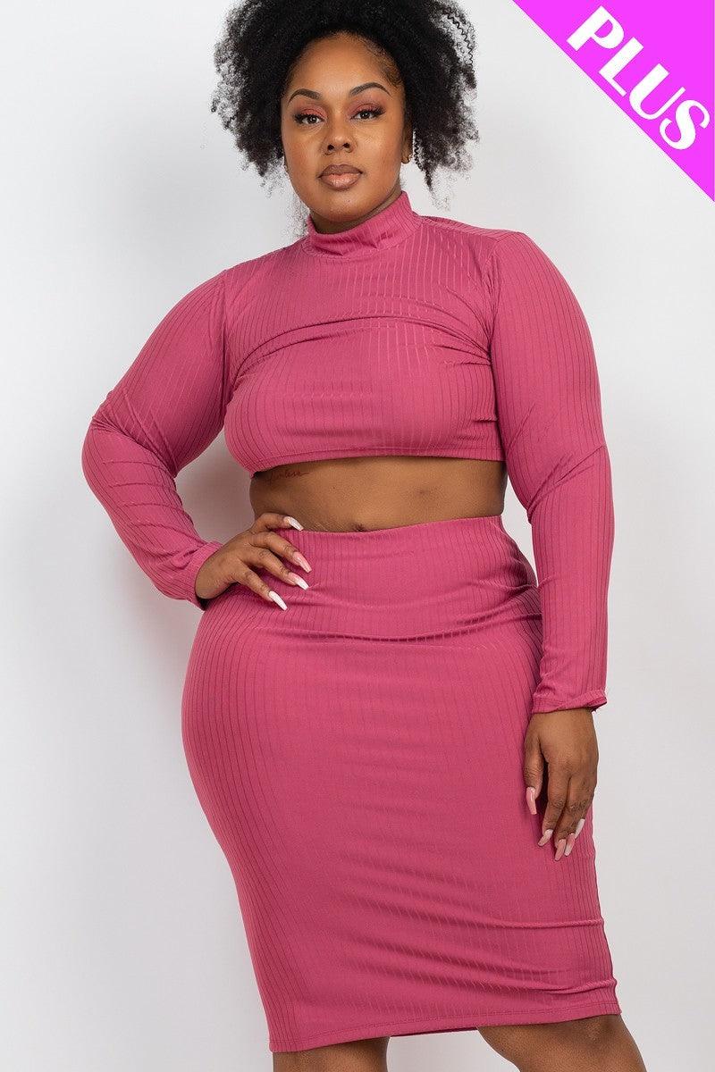 Plus Size Ribbed Mock Neck Crop Top & Midi Skirt Set - Kreative Passions