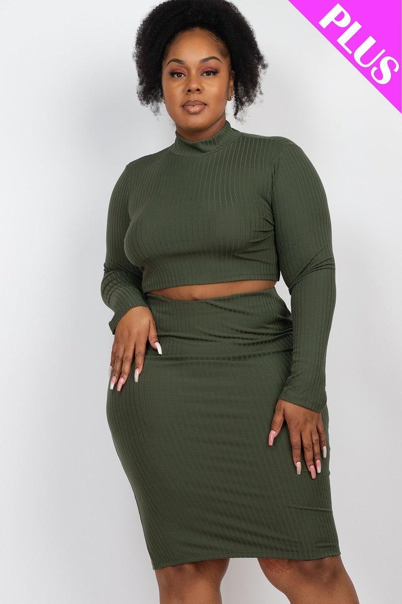 Plus Size Ribbed Mock Neck Crop Top & Midi Skirt Set - Kreative Passions