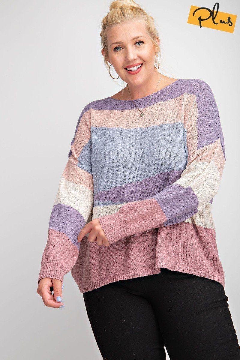 Plus Size Striped Light Weight Knitted Sweater Top - Kreative Passions