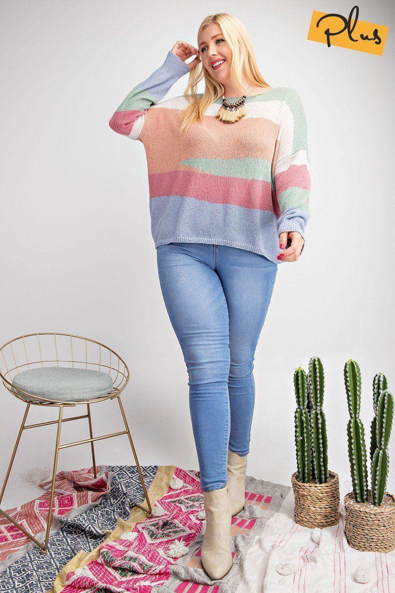 Plus size Striped Light Weight Knitted Sweater Top - Kreative Passions
