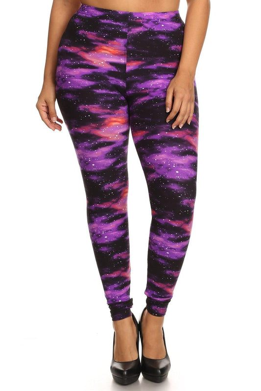 Plus Size Super Soft Peach Skin Fabric, Galaxy Graphic Printed Knit Legging With Elastic Waist Detail. High Waist Fit - Kreative Passions