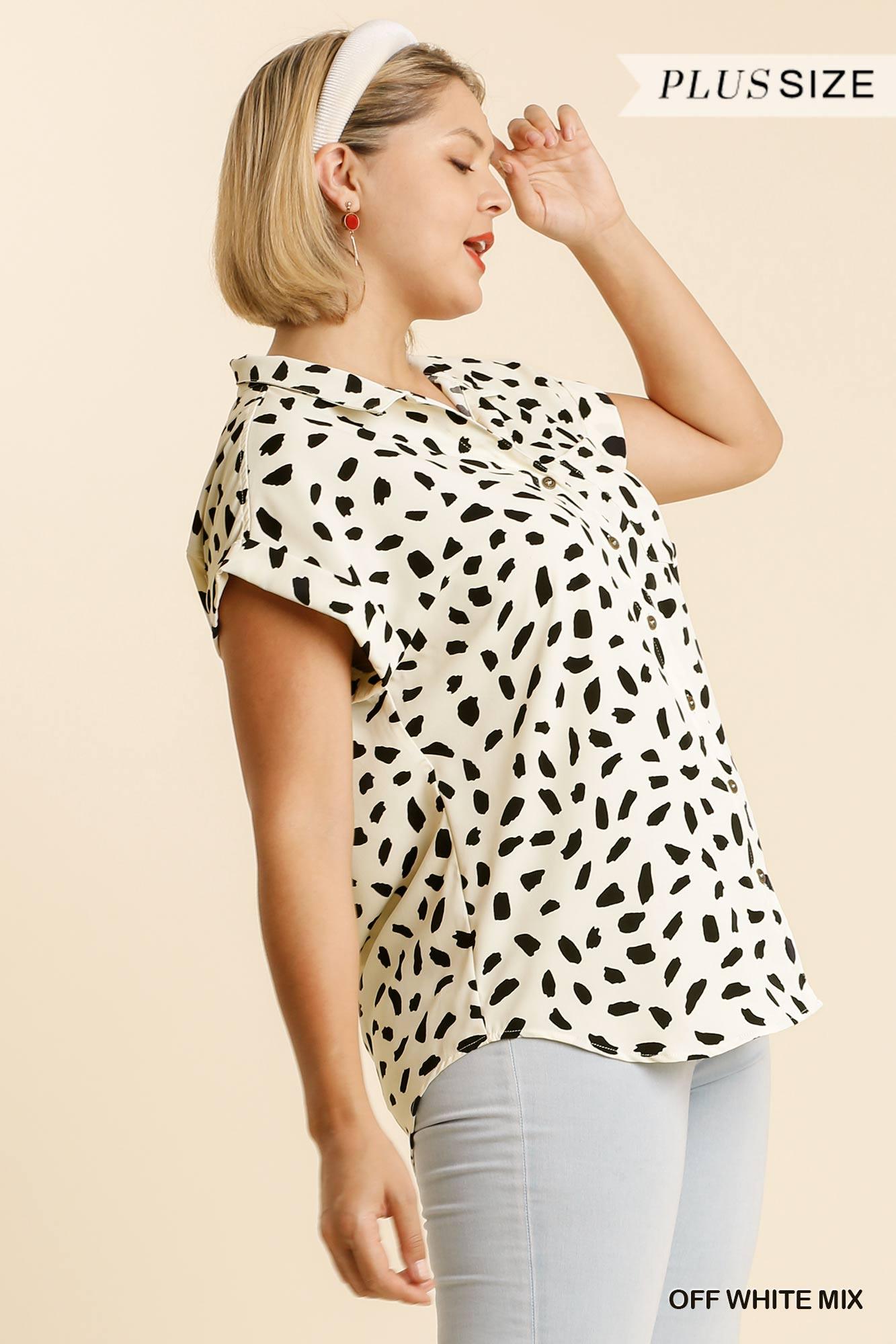 Plus size V-neck Dalmatian Print Button Front Top - Kreative Passions