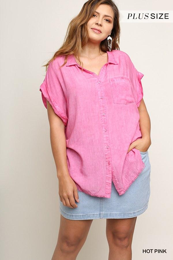 Plus size Washed Button Up Short Sleeve Top With Frayed Hemline Top - Kreative Passions