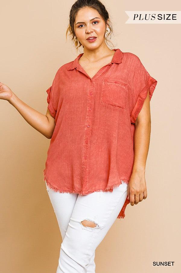 Plus size Washed Button Up Short Sleeve Top With Frayed Hemline Top - Kreative Passions