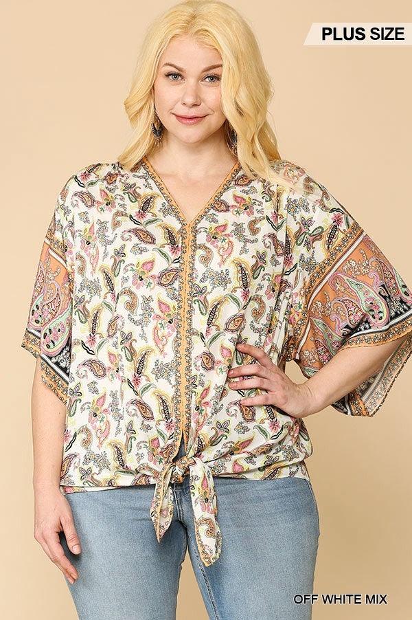Plus sizePaisley Printed V-neck Top With Front Tie - Kreative Passions