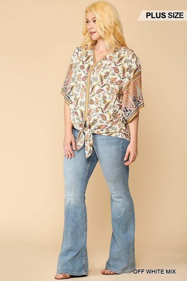 Plus sizePaisley Printed V-neck Top With Front Tie - Kreative Passions