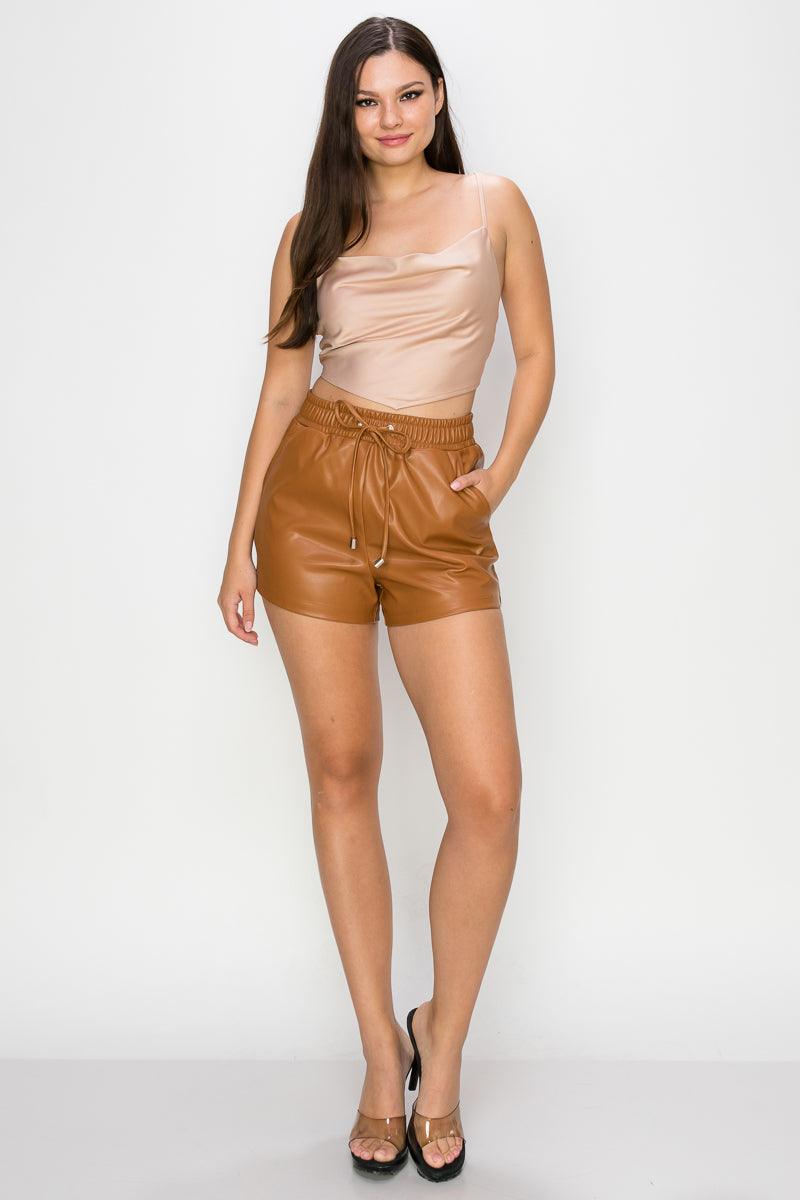 Pocketed High-rise Faux Leather Shorts - Kreative Passions