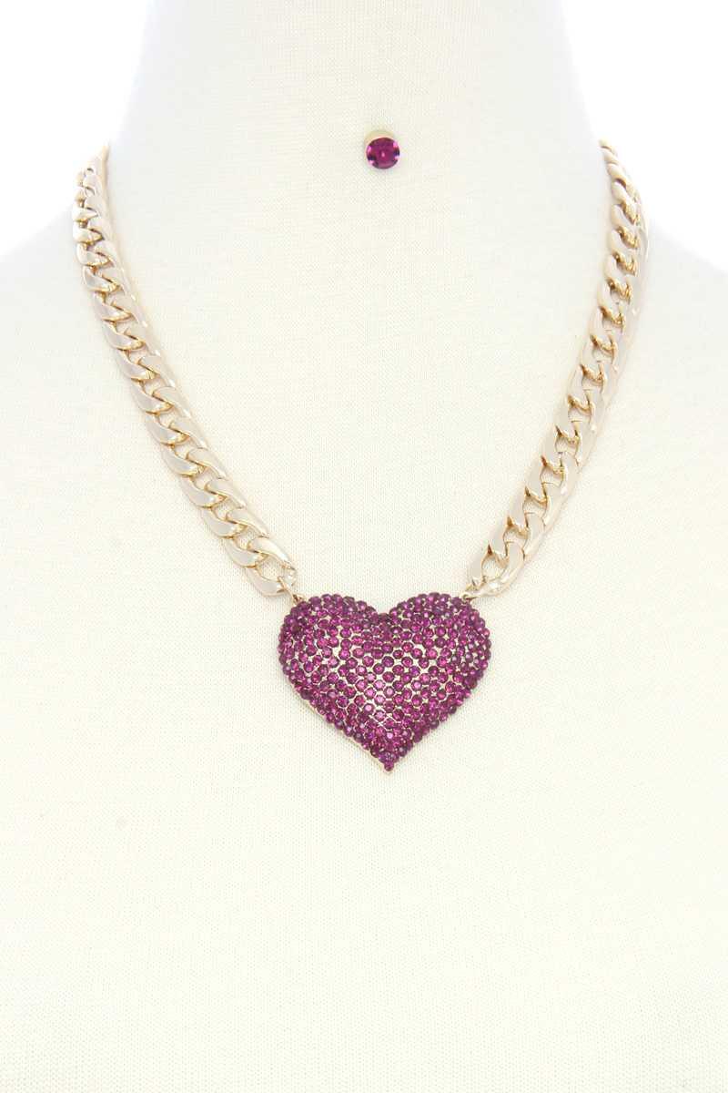 Rhinestone Heart Pendant Chunky Cuban Link Necklace - Kreative Passions