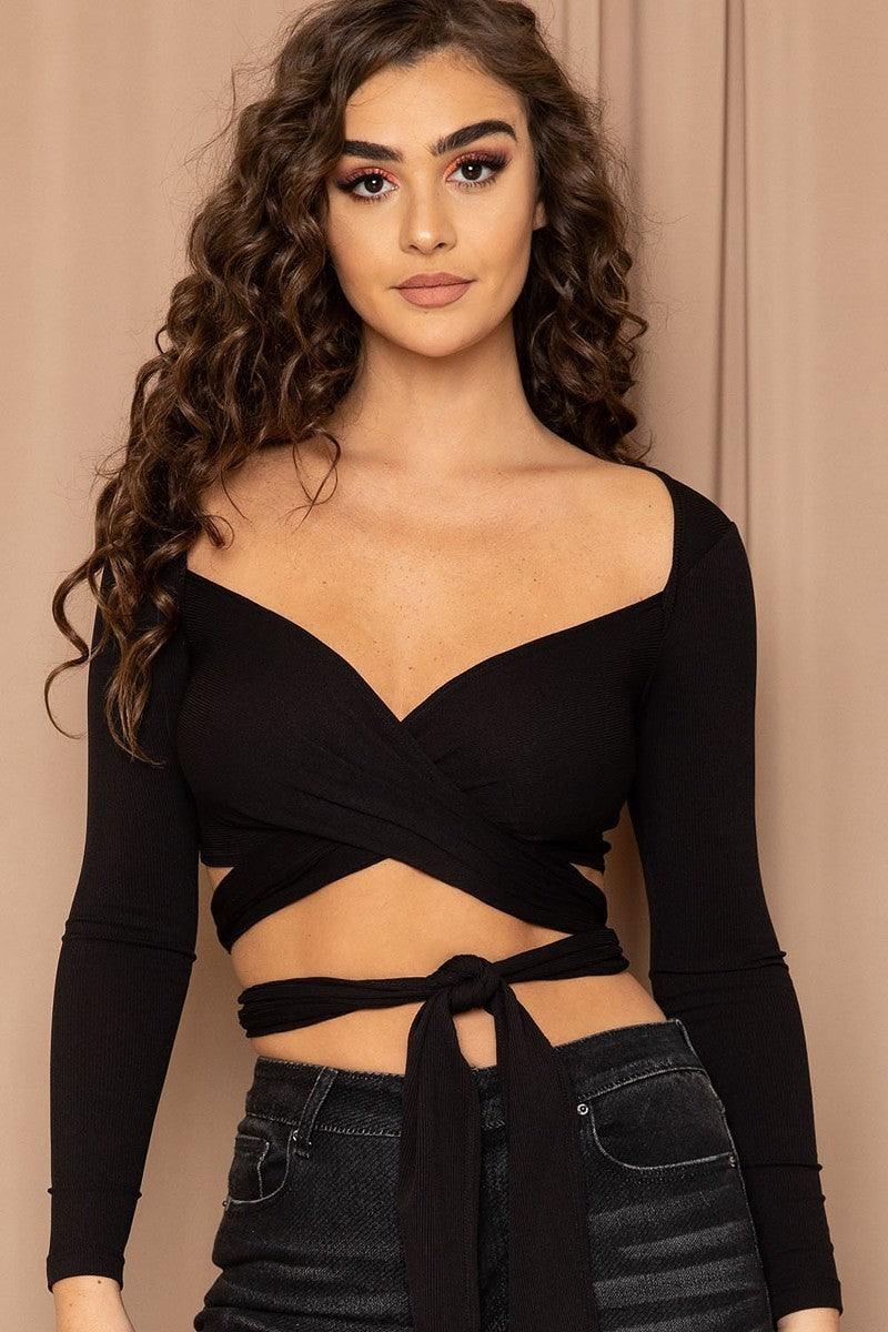 Ribbed Long Strap Wrap Tie Crop Top - Kreative Passions