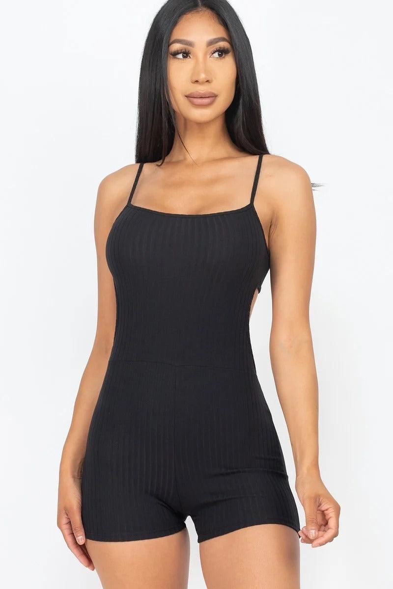 Ribbed Sleeveless Back Cutout Bodycon Active Romper - Kreative Passions