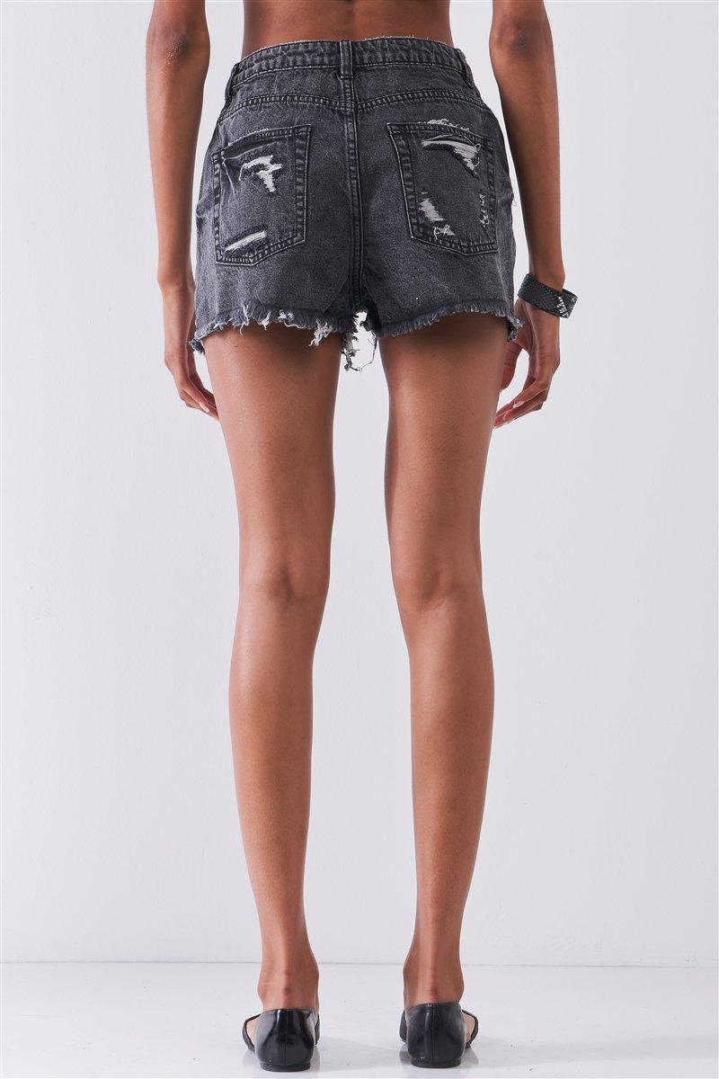 Ripped High-waist Front Zip-up Raw Hem Detail Distressed Mini Shorts - Kreative Passions