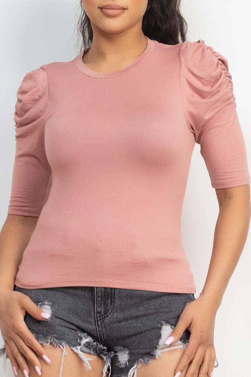 Round Neck Puff Ruched Sleeve Top - Kreative Passions