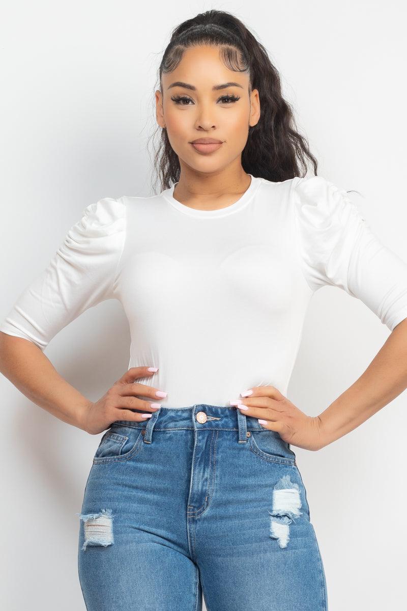 Round Neck Puff Ruched Sleeve Top - Kreative Passions
