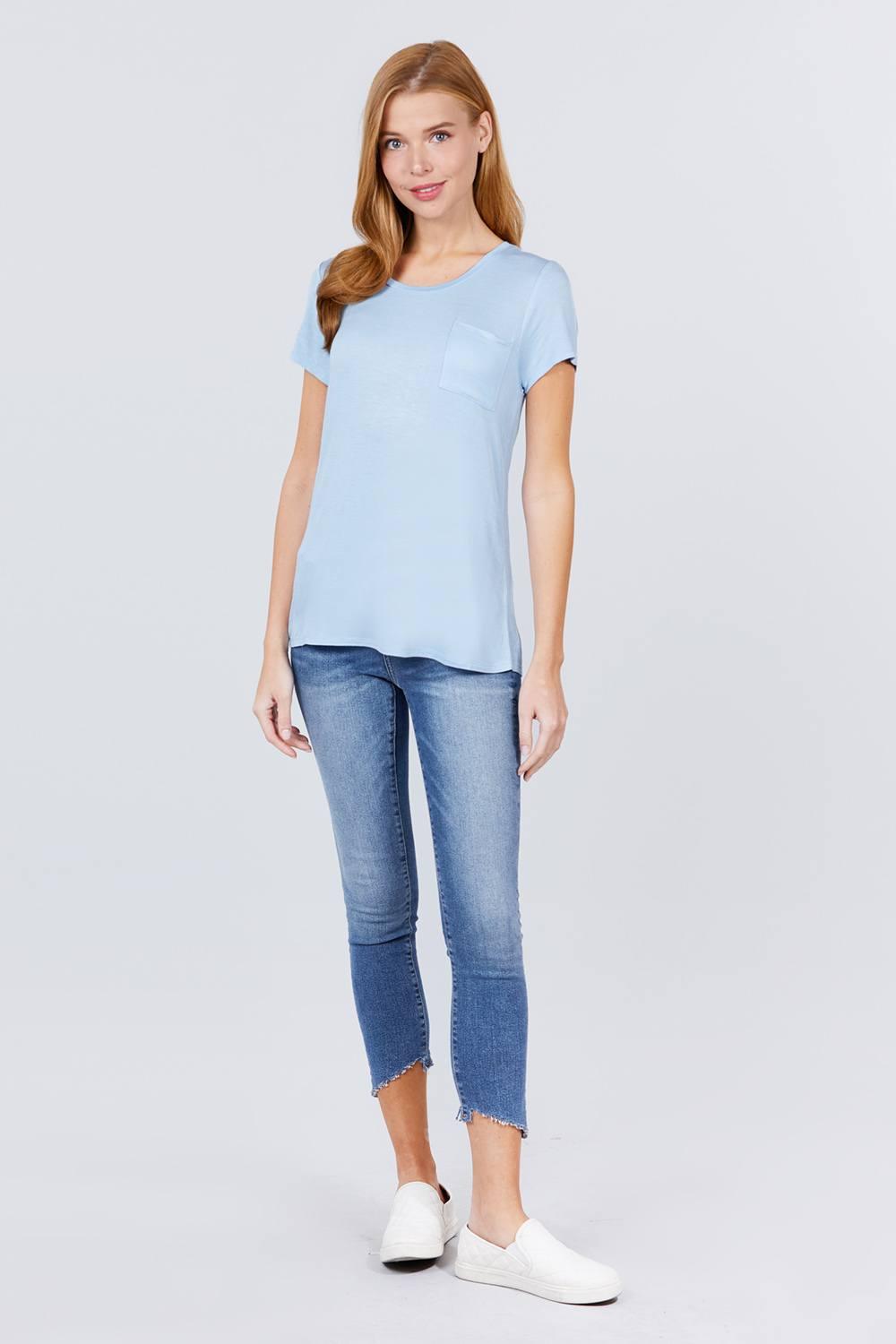Short Sleeve Scoop Neck Top With Pocket - Kreative Passions