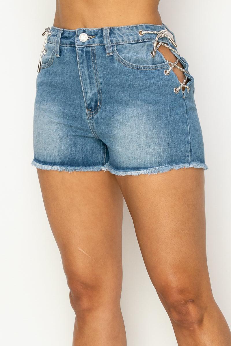 Side Lace-up Detailed Denim Shorts - Kreative Passions