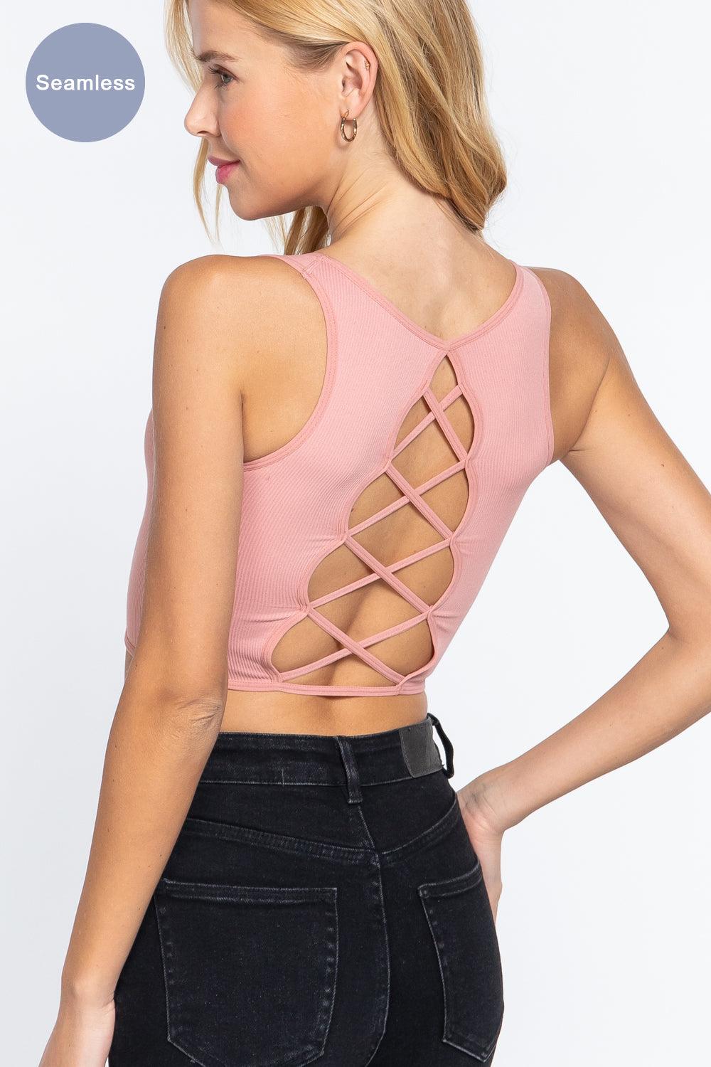 Sleeveless Scoop Neck Back Lace-up Detail Seamless Rib Knit Top - Kreative Passions