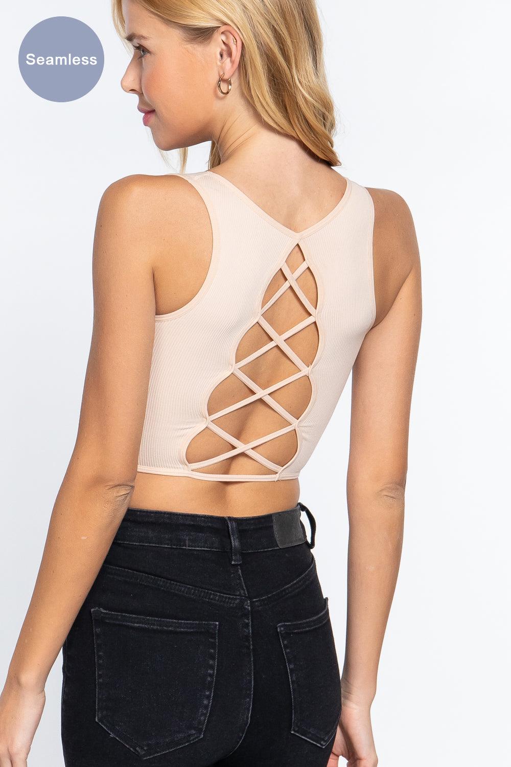 Sleeveless Scoop Neck Back Lace-up Detail Seamless Rib Knit Top - Kreative Passions