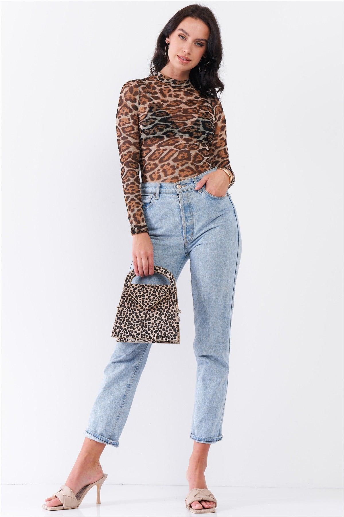 Taupe Brown Jaguar Print Sheer Mesh Mock Neck Long Sleeve Bodysuit - Kreative Passions
