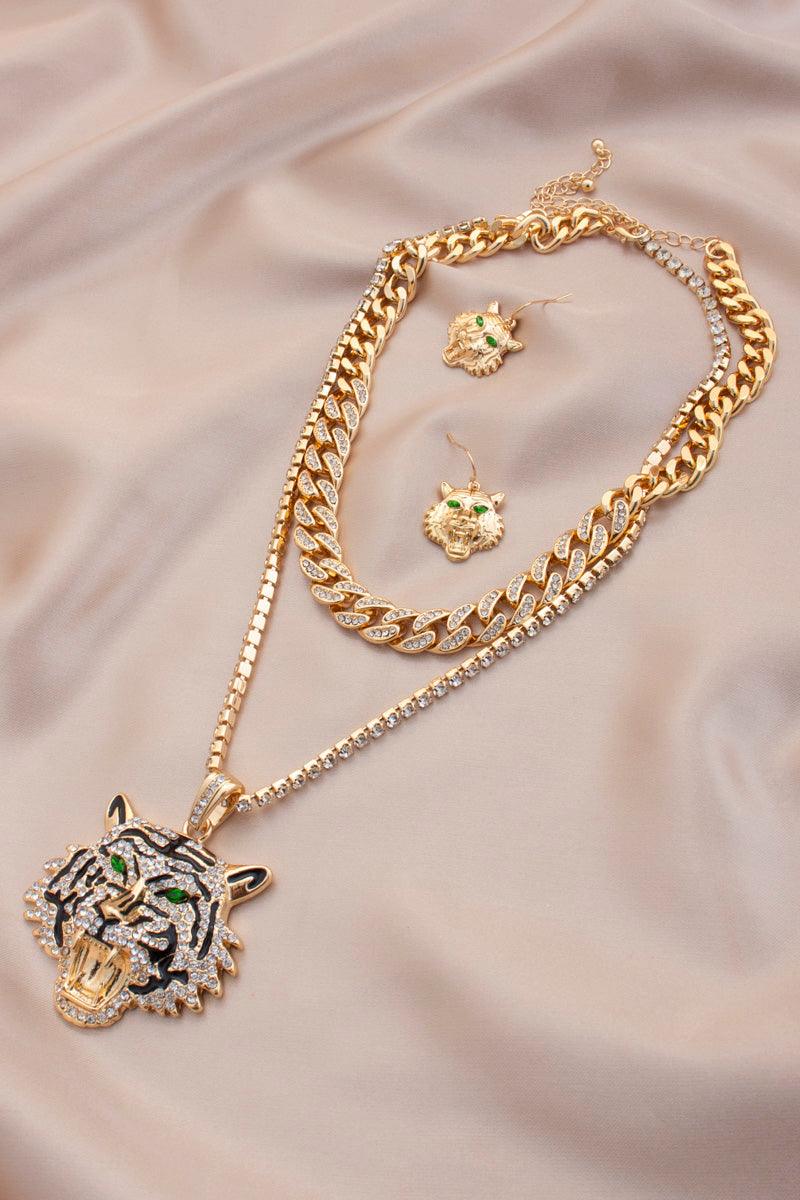 Tiger Rhinestone Head Pendant Chunky Curb Link Layered Necklace - Kreative Passions