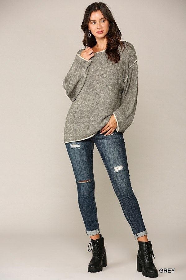Two-tone Sold Round Neck Sweater With Piping Detail - Kreative Passions