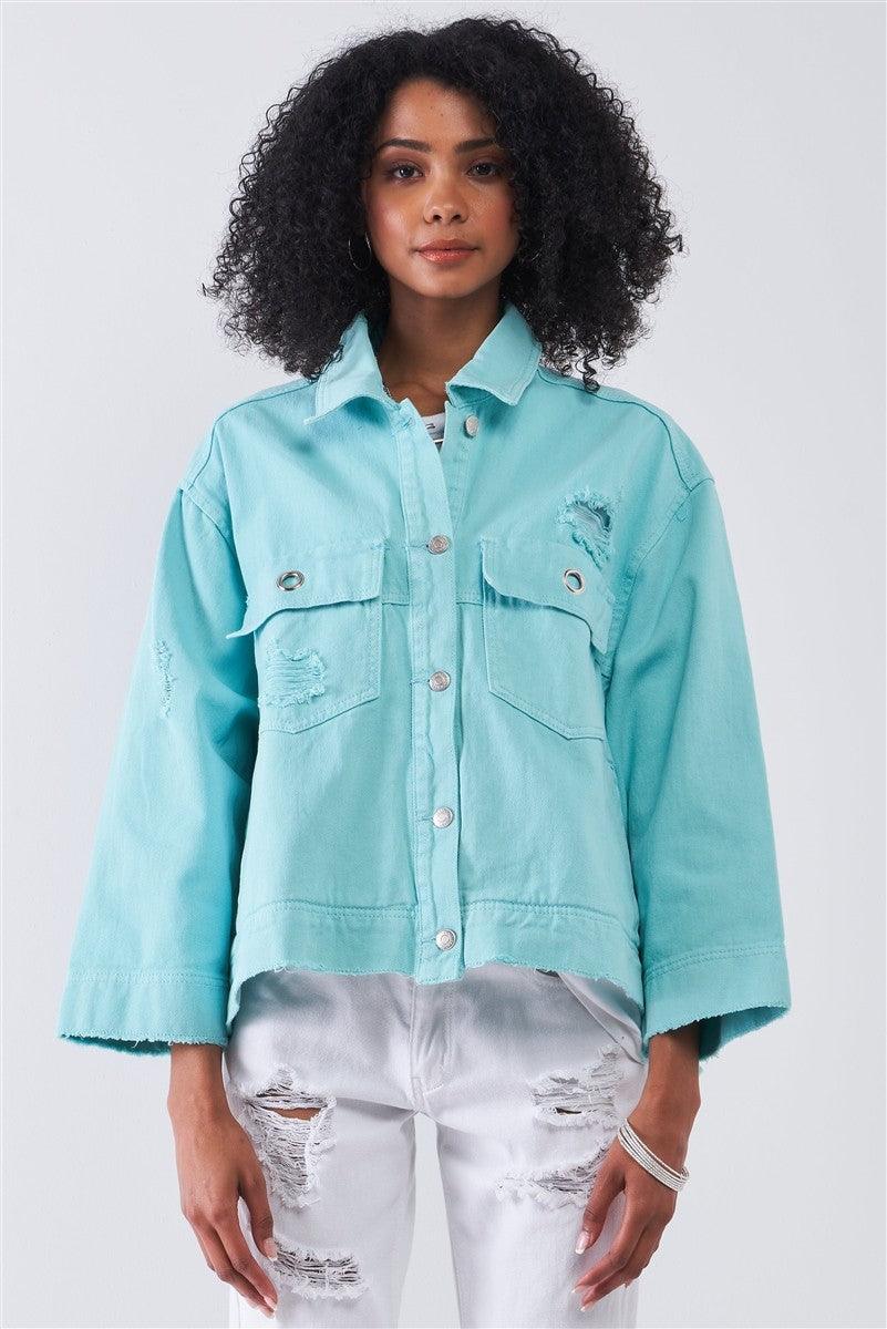 Washed Distressed Button-down Front Raw Hem Detail Wide Sleeve Oversized Denim Jacket - Kreative Passions
