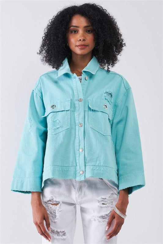 Washed Distressed Button-down Front Raw Hem Detail Wide Sleeve Oversized Denim Jacket - Kreative Passions