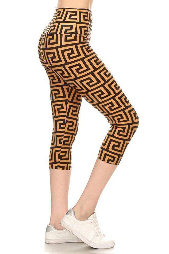 Yoga Style Banded Lined Meander Printed Knit Capri Legging Bottom - Kreative Passions